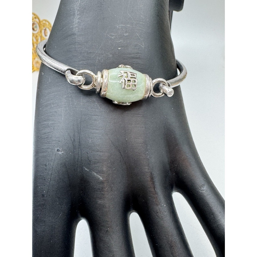 Sterling Silver Chinese Green Jade Hook Loop Bangle Bracelet 6.75